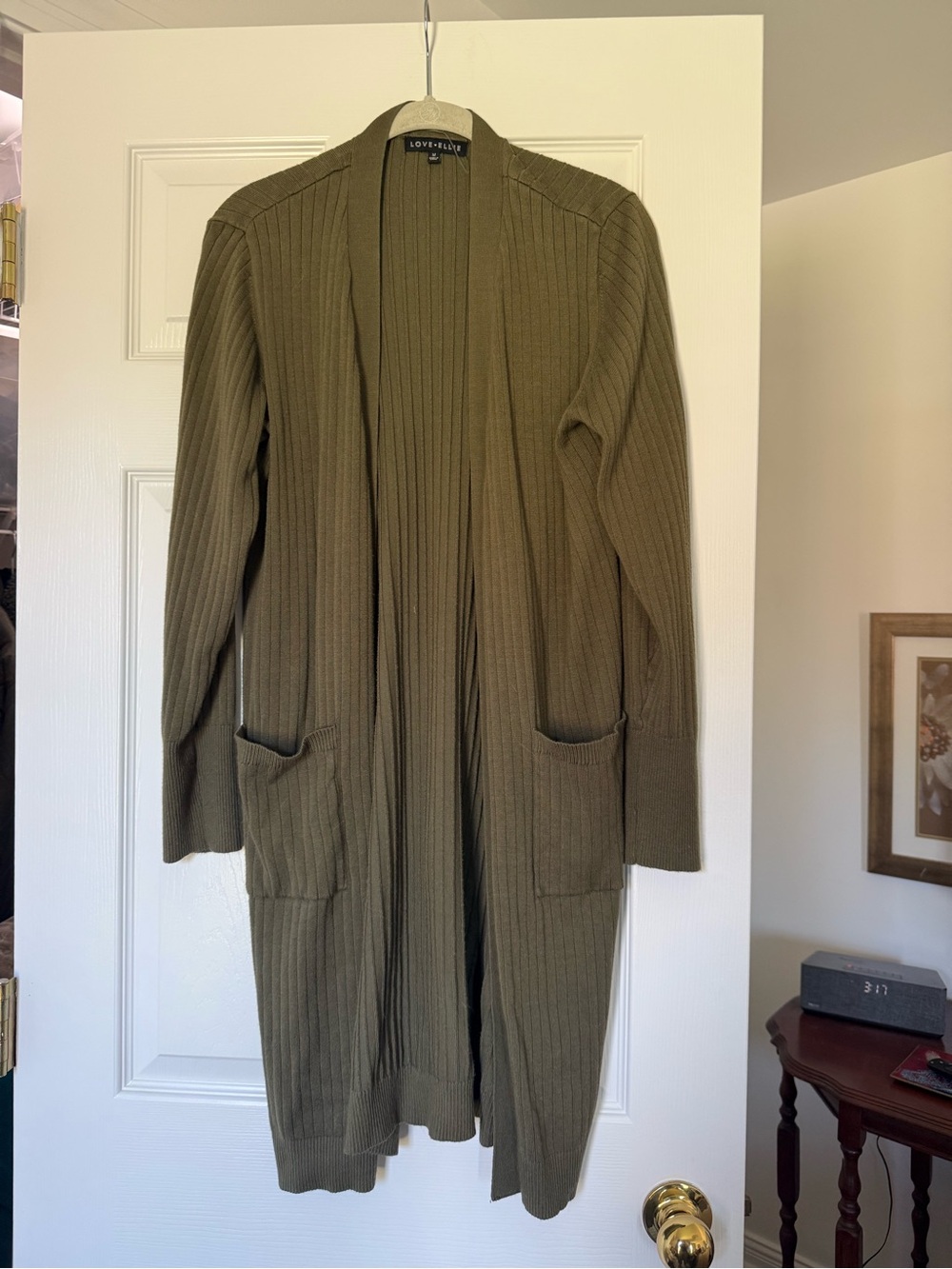 Love Ellie Olive Ribbed Open-Front Long Cardigan